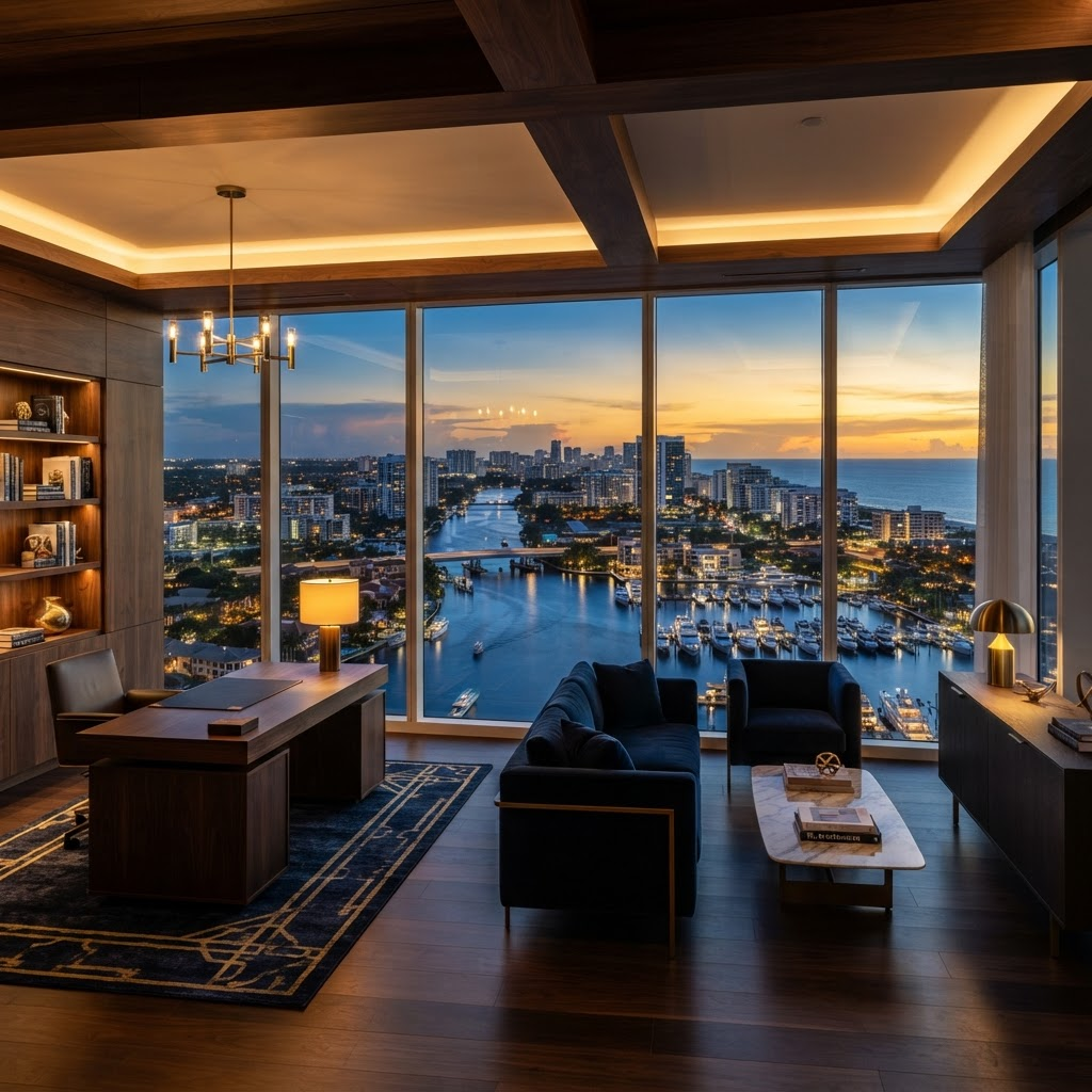 L'intérieur d'un bureau contemporain dans une tour de Fort Lauderdale avec vue sur l'eau au crépuscule.