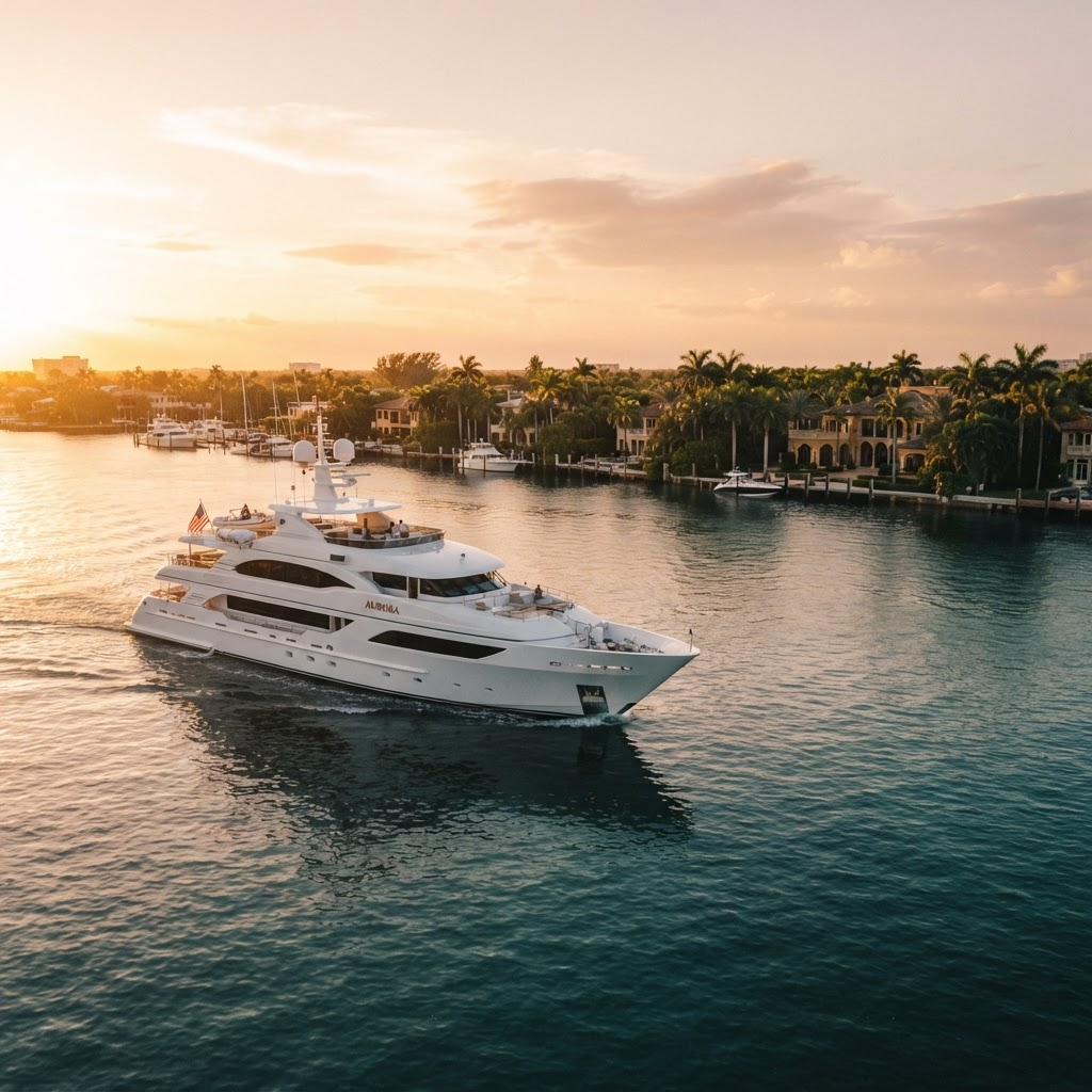 A superyacht on the Fort Lauderdale Intracoastal Waterway at golden hour.