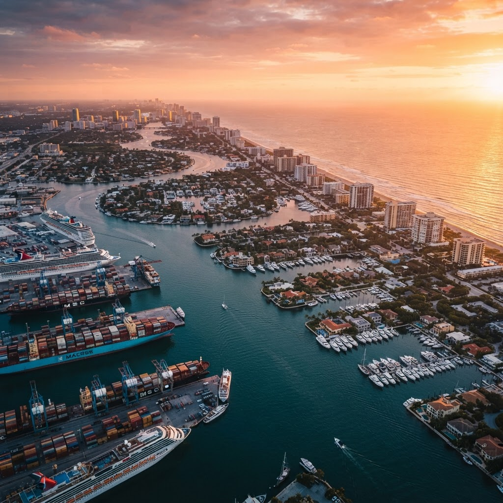 Une vue aérienne de Port Everglades et de l'Intracoastal Waterway de Fort Lauderdale au lever du soleil.