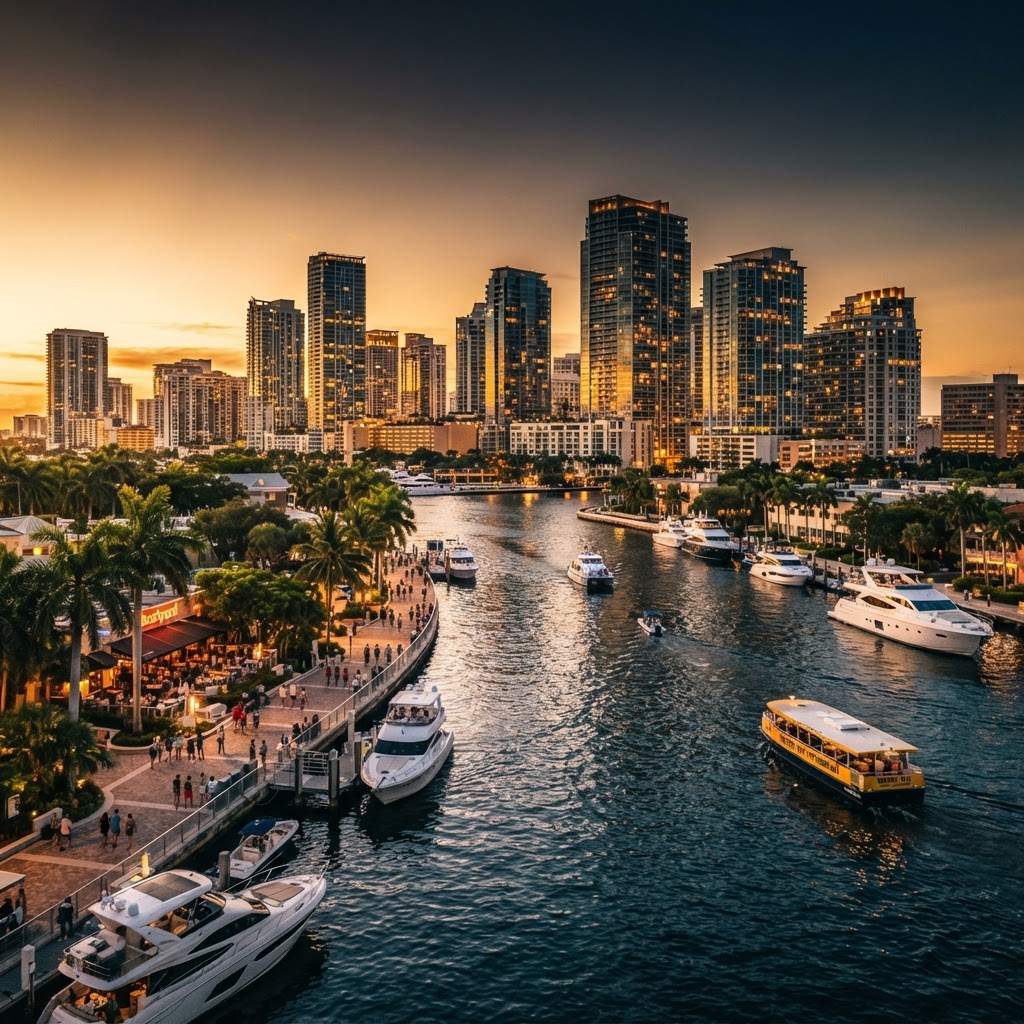 The New River in downtown Fort Lauderdale at golden hour with the skyline behind.