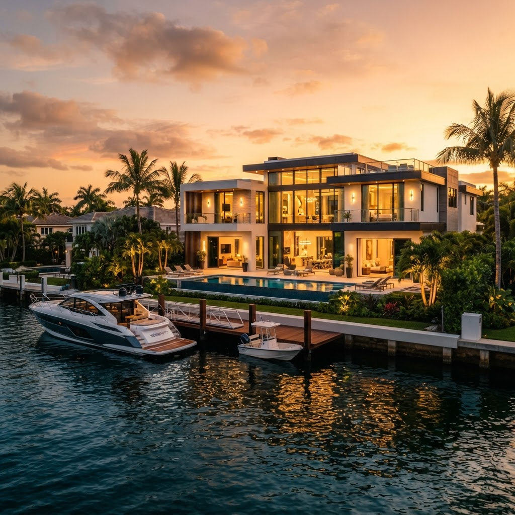 Une résidence contemporaine en bord d'eau sur Las Olas à Fort Lauderdale à l'heure dorée, vue depuis le canal.
